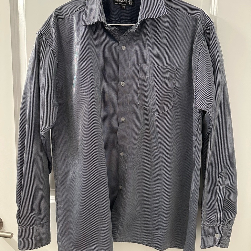 Versace Mens Grey Pinstripe Button Down Shirt Long Sleeve XL